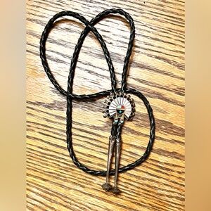 Vintage South Western Sunface Lapidary Inlay Bolo Tie